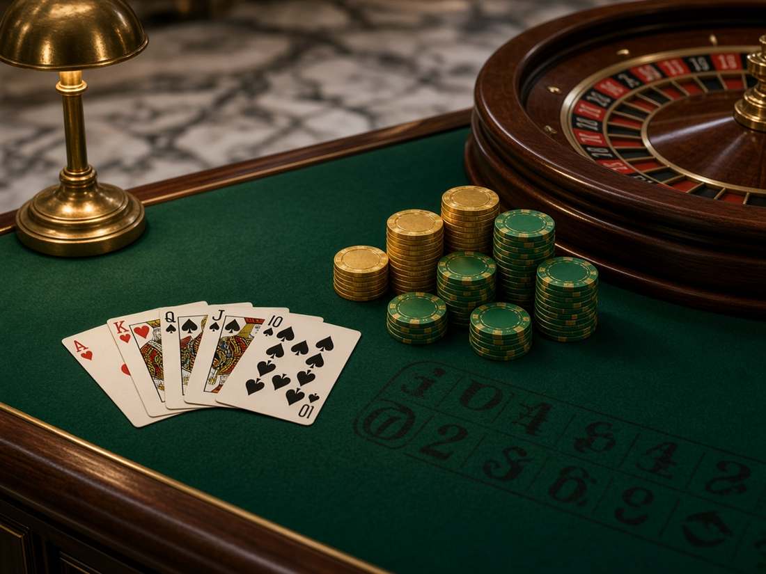 Roulette, cartes et jetons sur le tapis vert